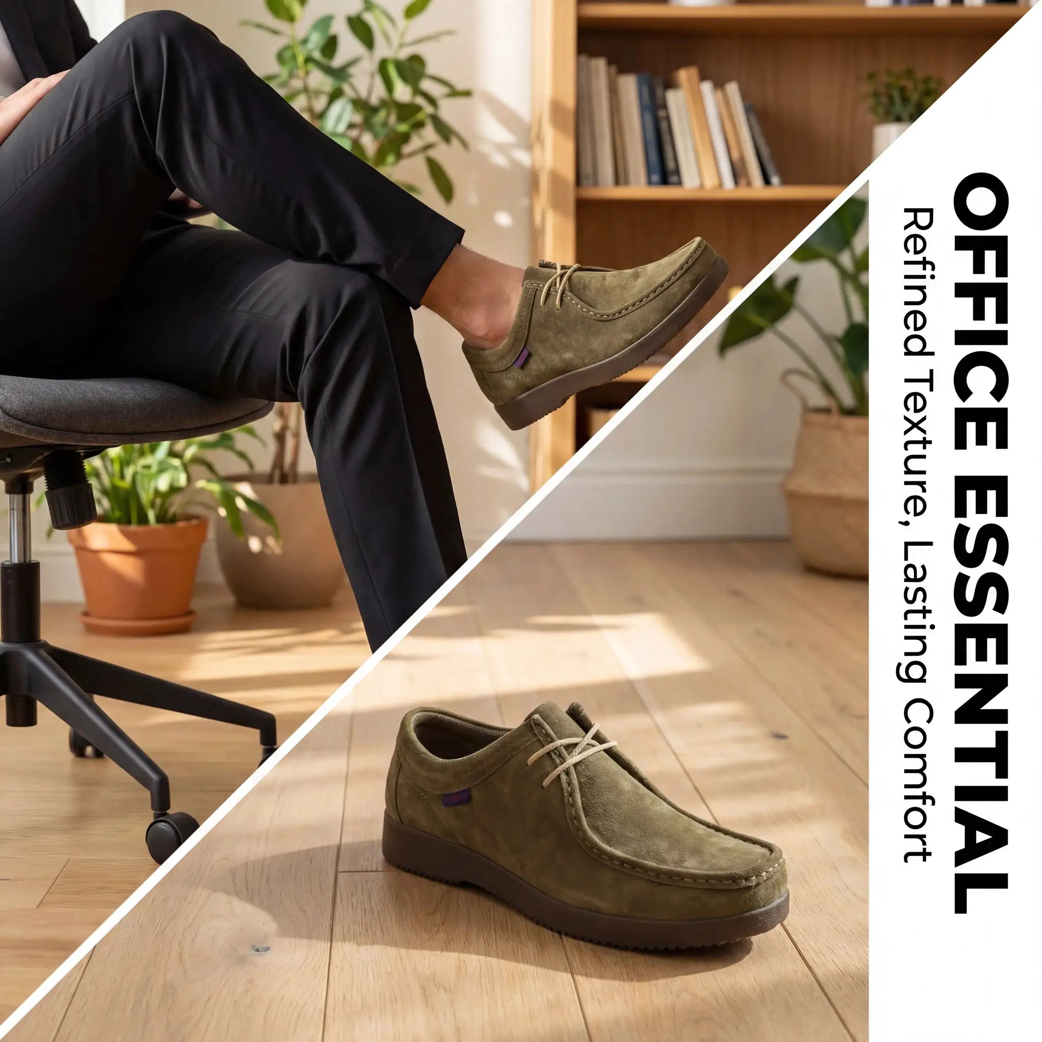 Two olive-green suede loafers from Simples Market with hand-stitched detailing