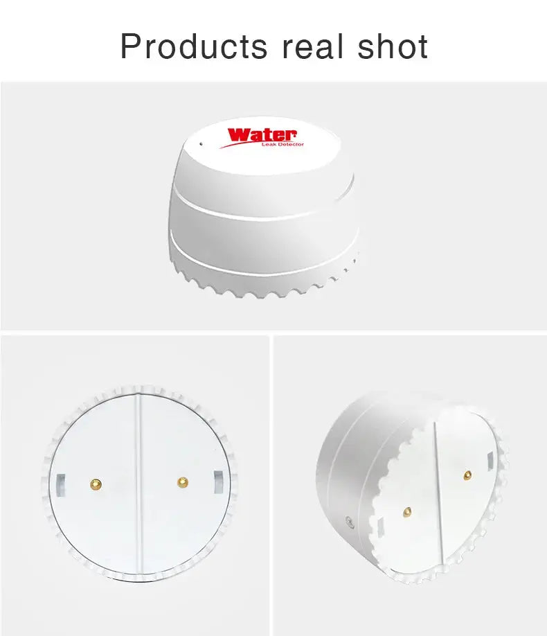 Tuya WiFi water leak detector flood sensor, white cylindrical device with ridged base