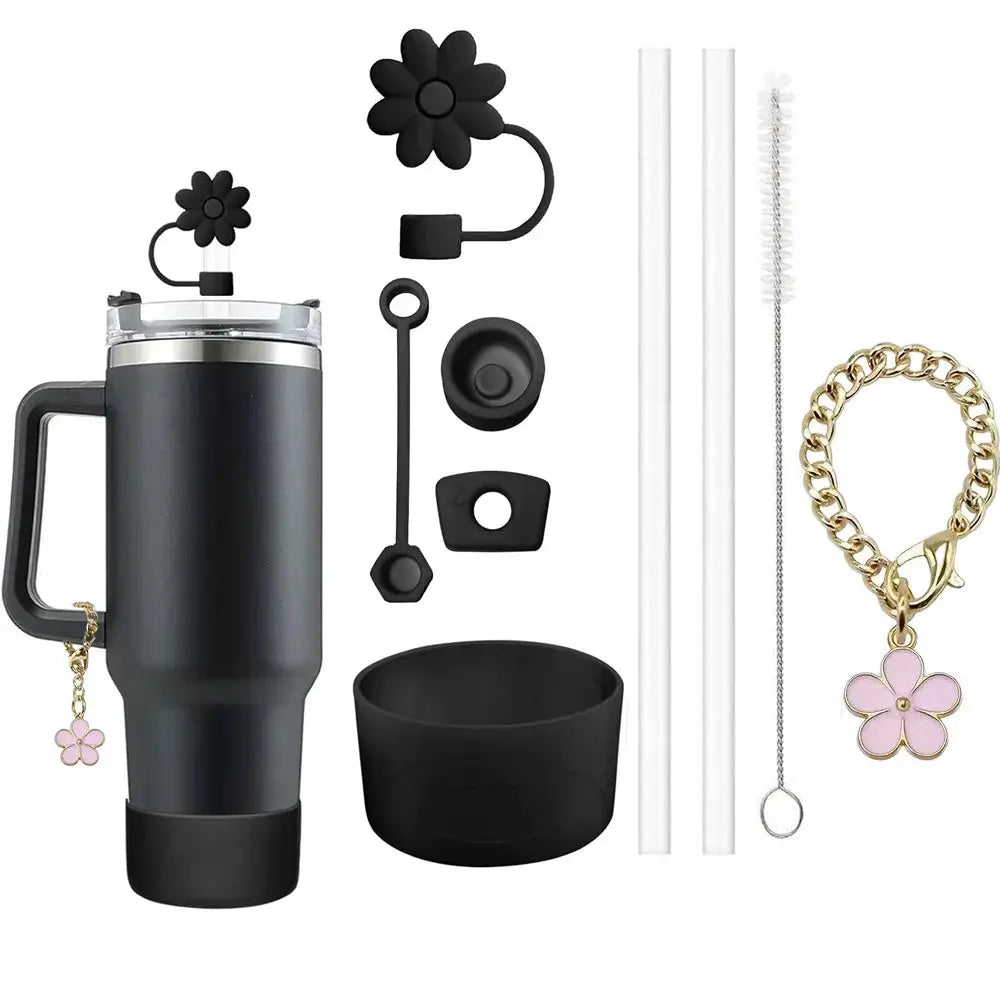 9 Piece Stanley Cup Accessories Set With Flower Spill Proof Stoppers 2 Straws And Brush And Flower Charm Chain