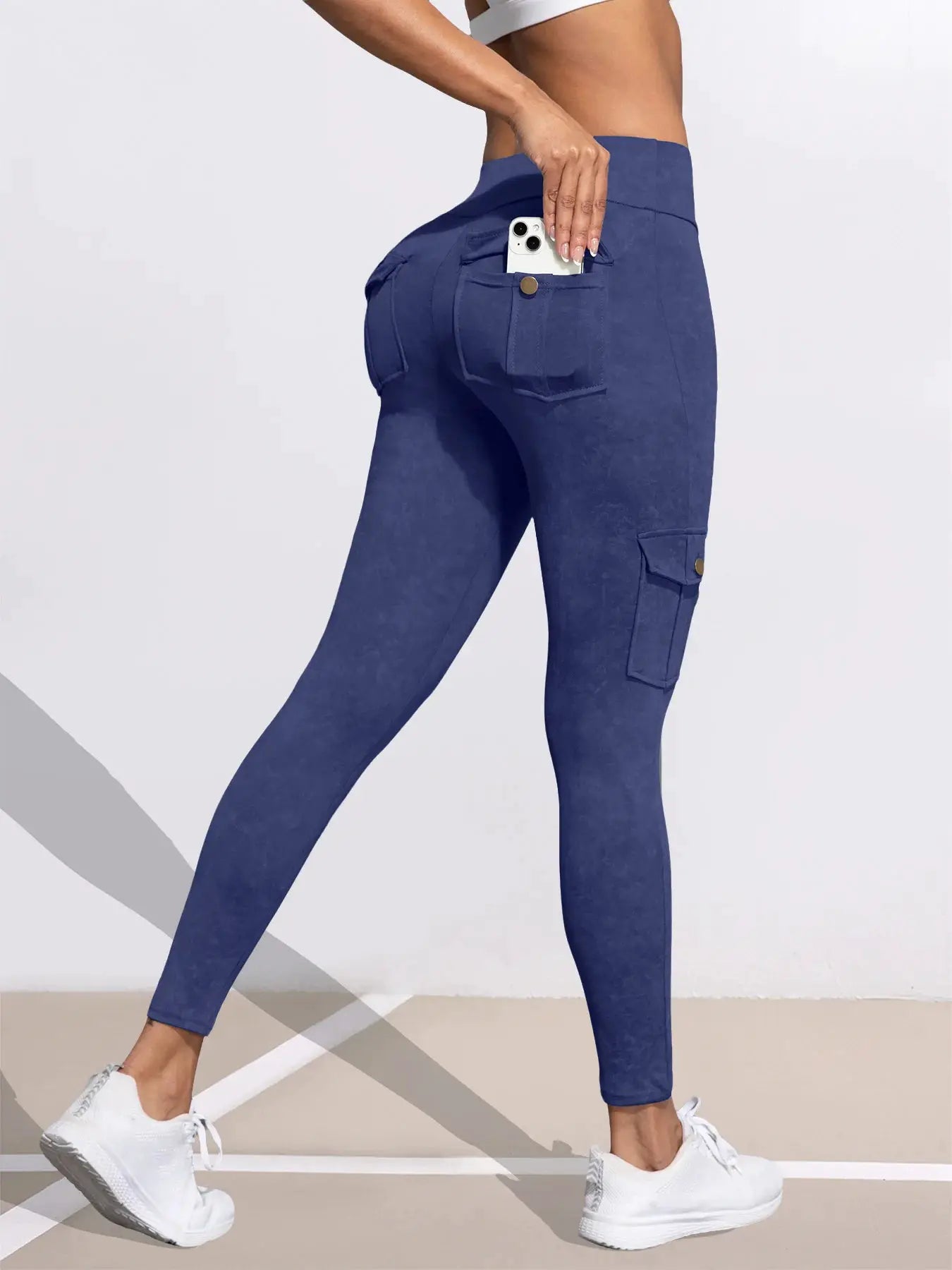Leggings by Simples Market, blue washed-print work-pocket design with back pocket
