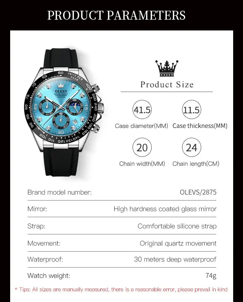 OLEVS 2875 men's quartz chronograph watch with blue dial and silicone strap; 30m water resistant