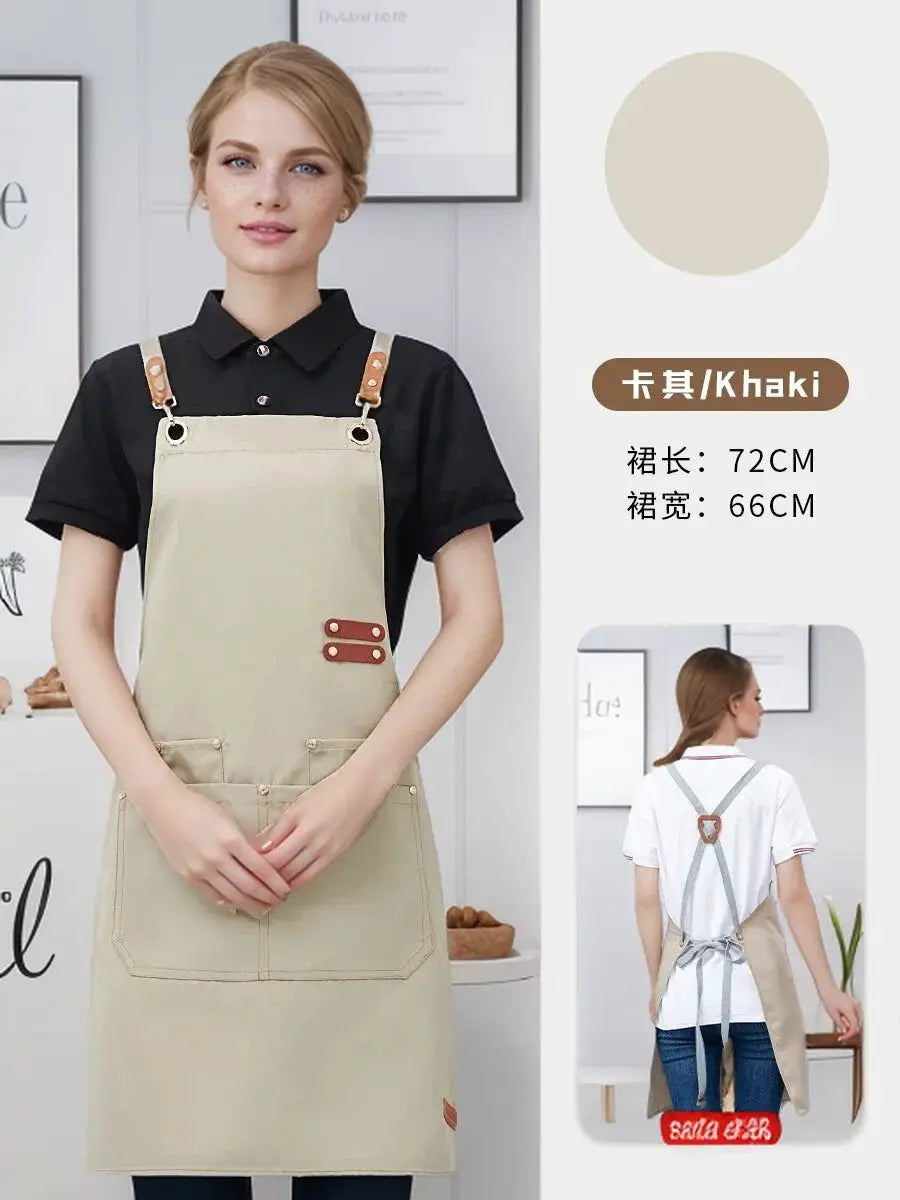 Waterproof kitchen apron by Simples Market in khaki with brown leather straps and front pockets