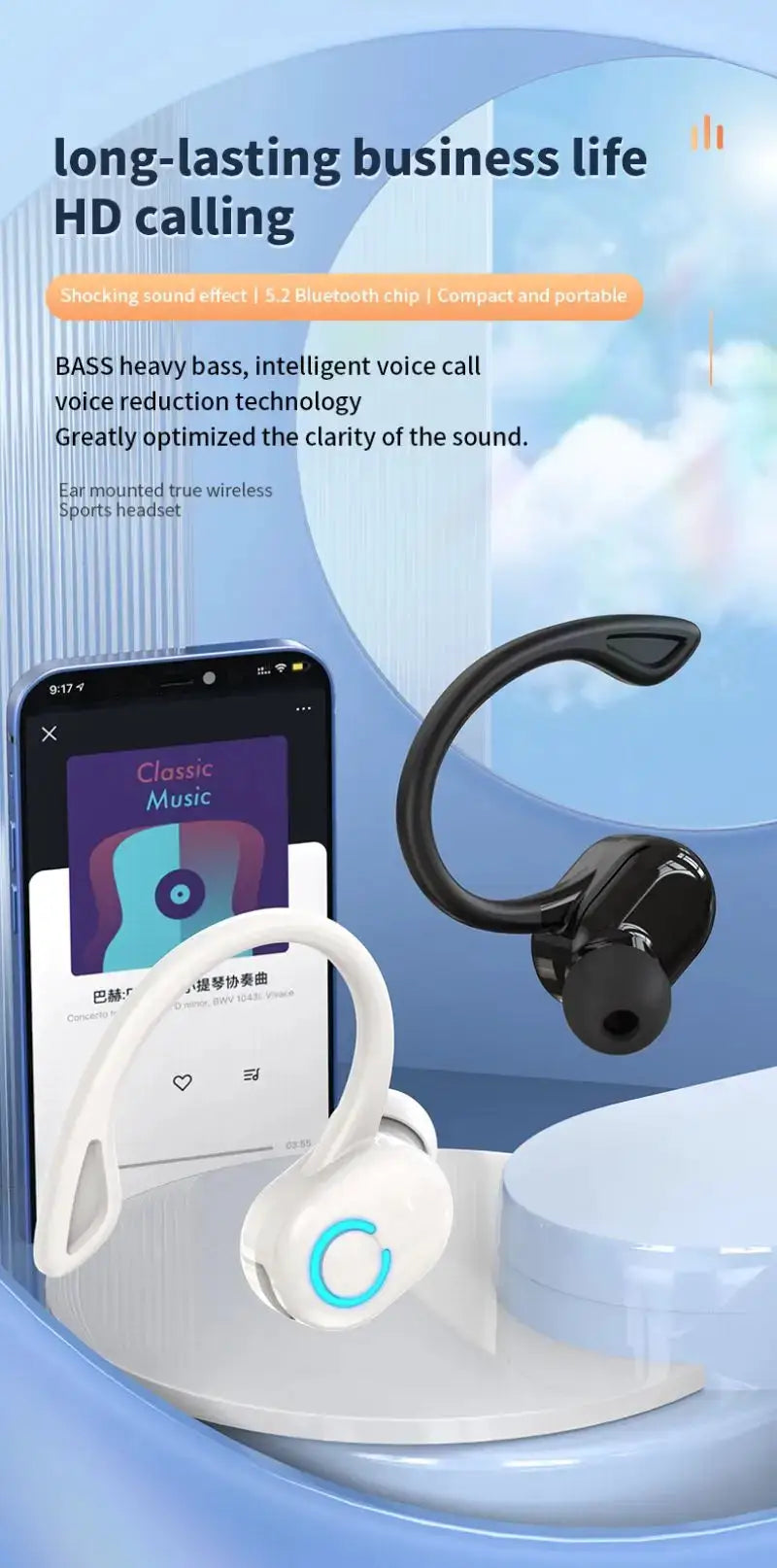 Simples Market Bluetooth 5.2 wireless ear-hook headset with mic, white and black variants