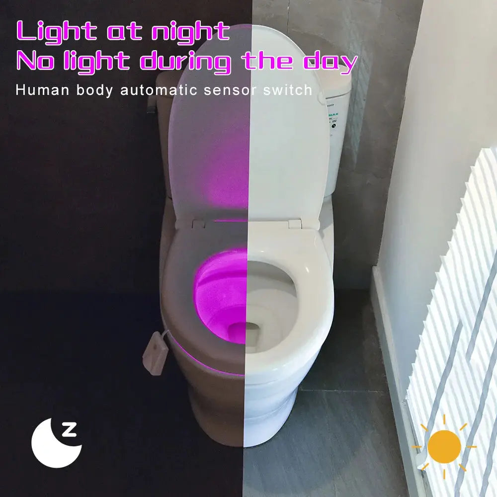 Toilet night light with purple glow; charging, waterproof, human-sensing bathroom lamp with colorful projection