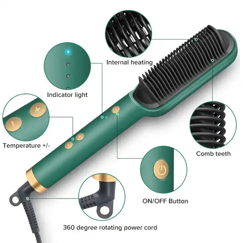 3-in-1 electric hair styling brush by Simples Market, green ceramic heat straightening, drying and curling