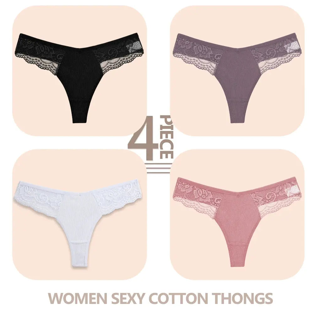 4-pack women's cotton lace thongs in black, white, dusty pink and mauve; V-waist, breathable.