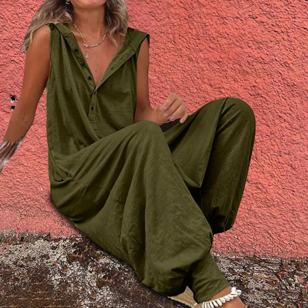 Cotton overalls for women in olive green, casual bohemian style