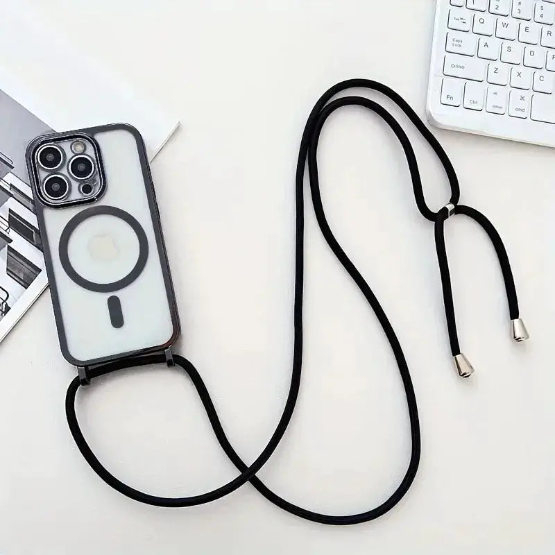 Crossbody lanyard phone case for iPhone with MagSafe necklace cord, black strap and metal tips.