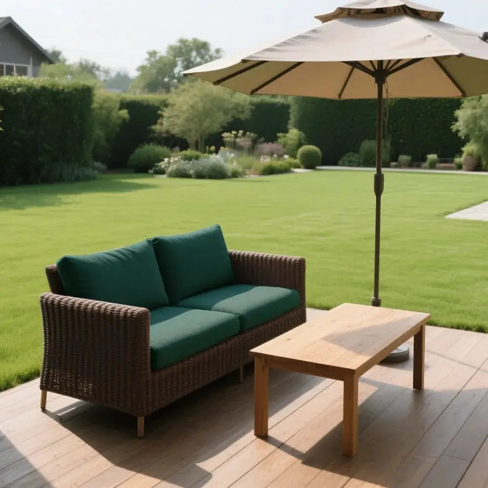 Velvet soft patio sofa cover on a wicker outdoor loveseat with green cushions and a beige umbrella