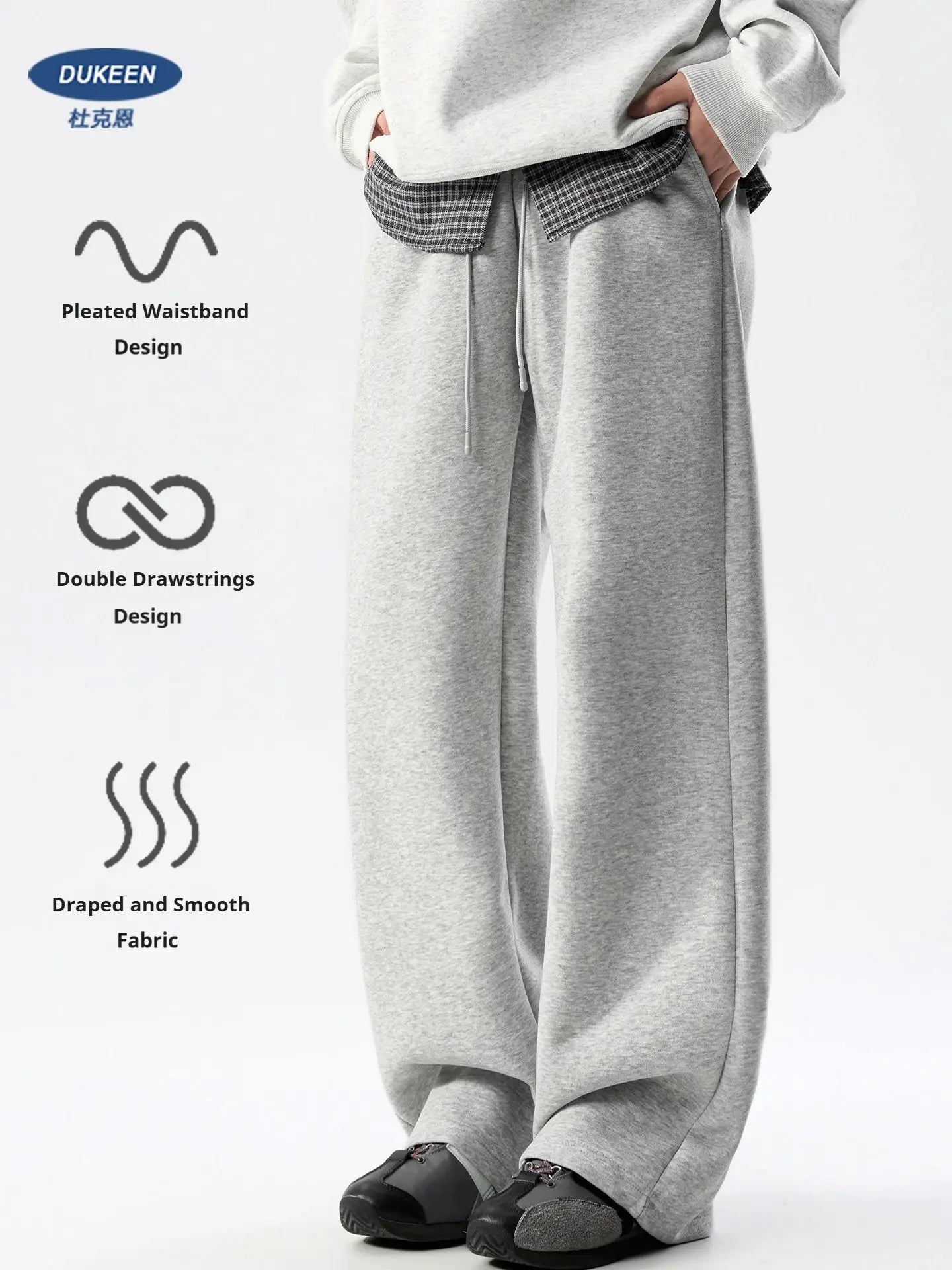 DUKEEN men's heavyweight grey cotton-blend straight-leg sweatpants with double drawstrings, Simples Market.
