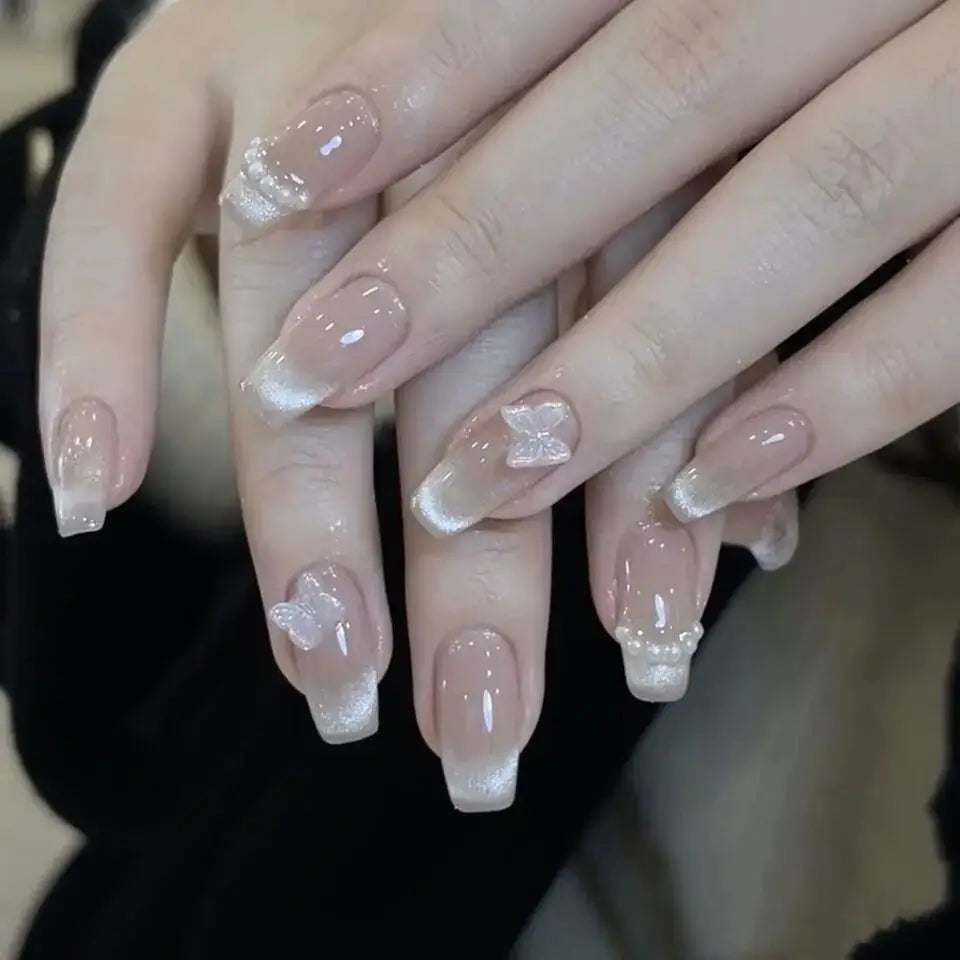 AuroraNails Ten Pieces Pink Butterfly Press On Nails Cat Eyes Blush Handmade DIY False Nails For Weddings And Parties