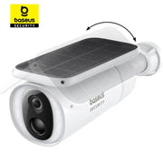 Baseus Security S1 outdoor solar camera; white body with top solar panel, 2K clarity, 145° FOV