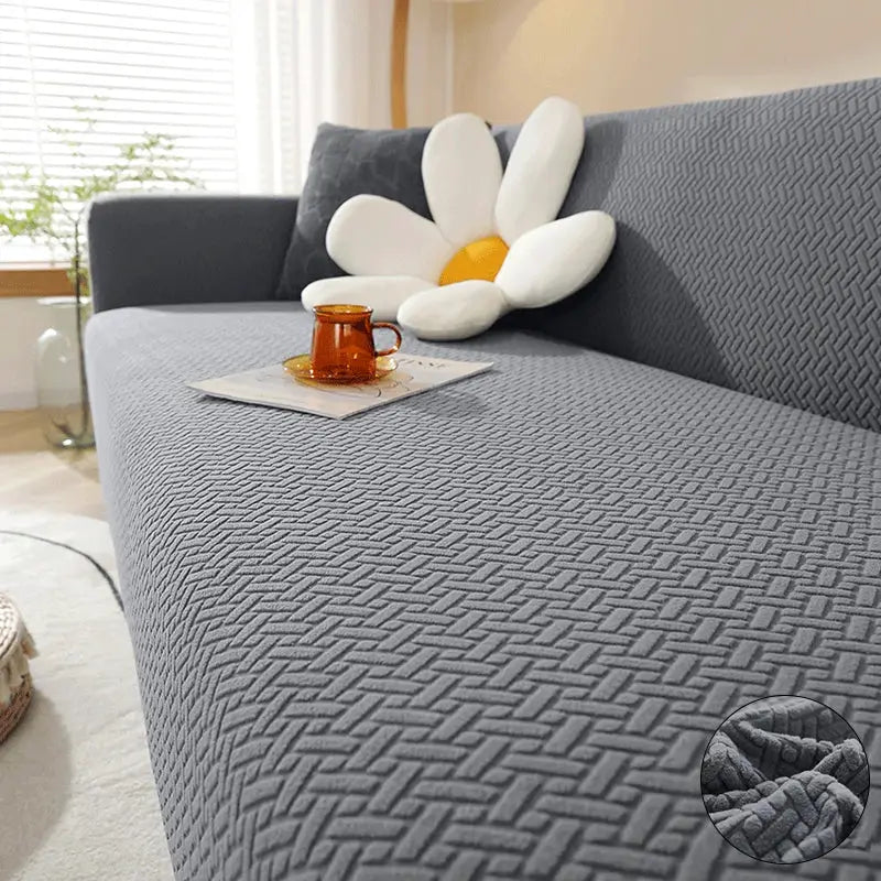 Simples Market elastic jacquard sofa cover for L-shaped sectional, gray stretch couch slipcover