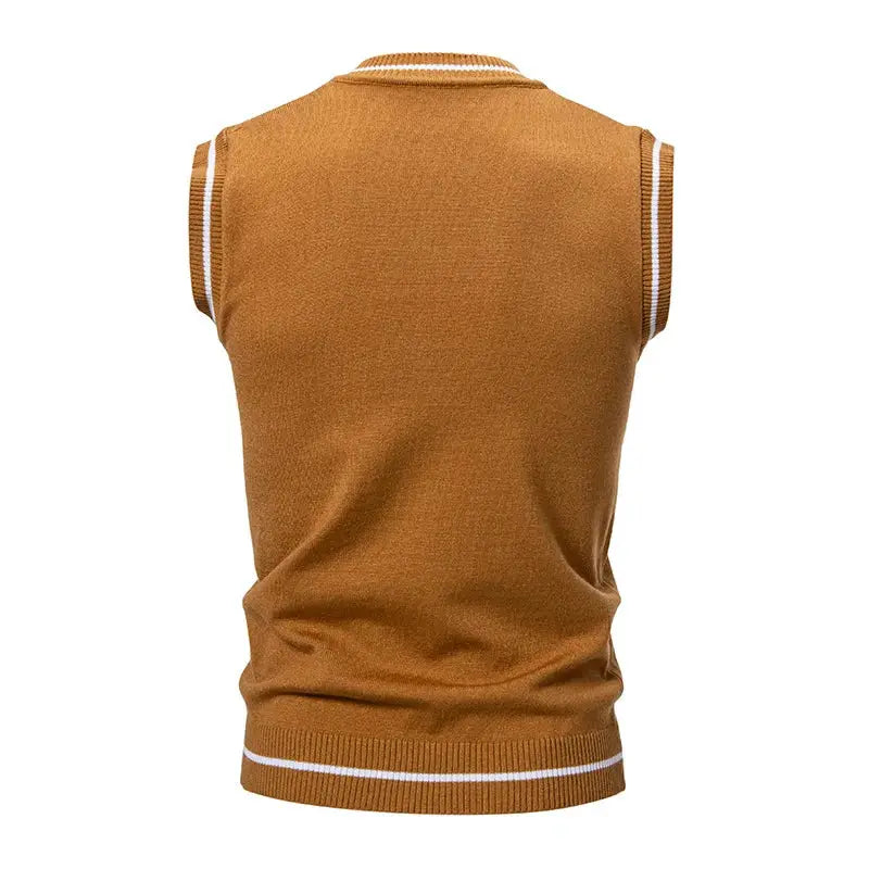 Simples Market men's brown knit vest with white striped trim, sleeveless V-neck