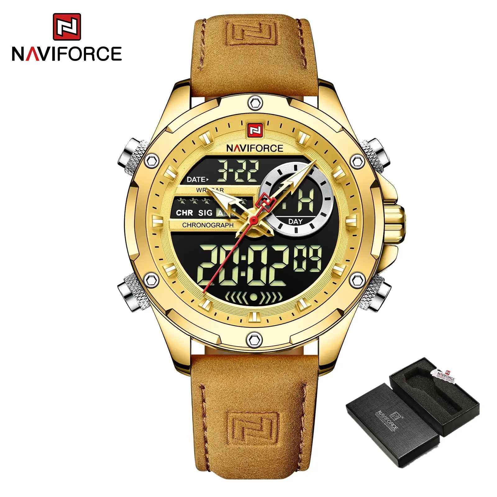 NAVIFORCE men's luxury gold-tone chronograph watch with brown leather strap and digital-analog display