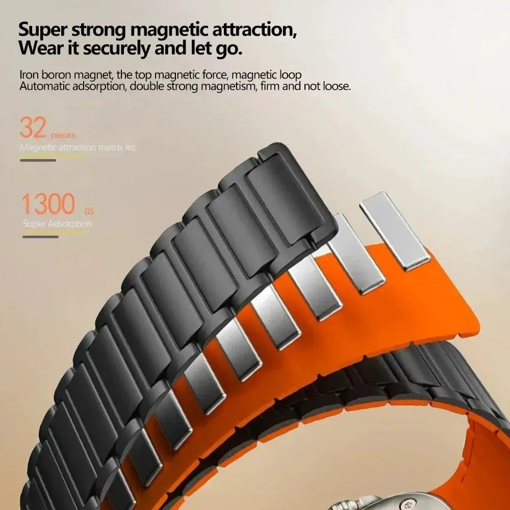Silicone Apple Watch magnetic loop strap for 38–49mm bands, orange underside with black links and silver magnets