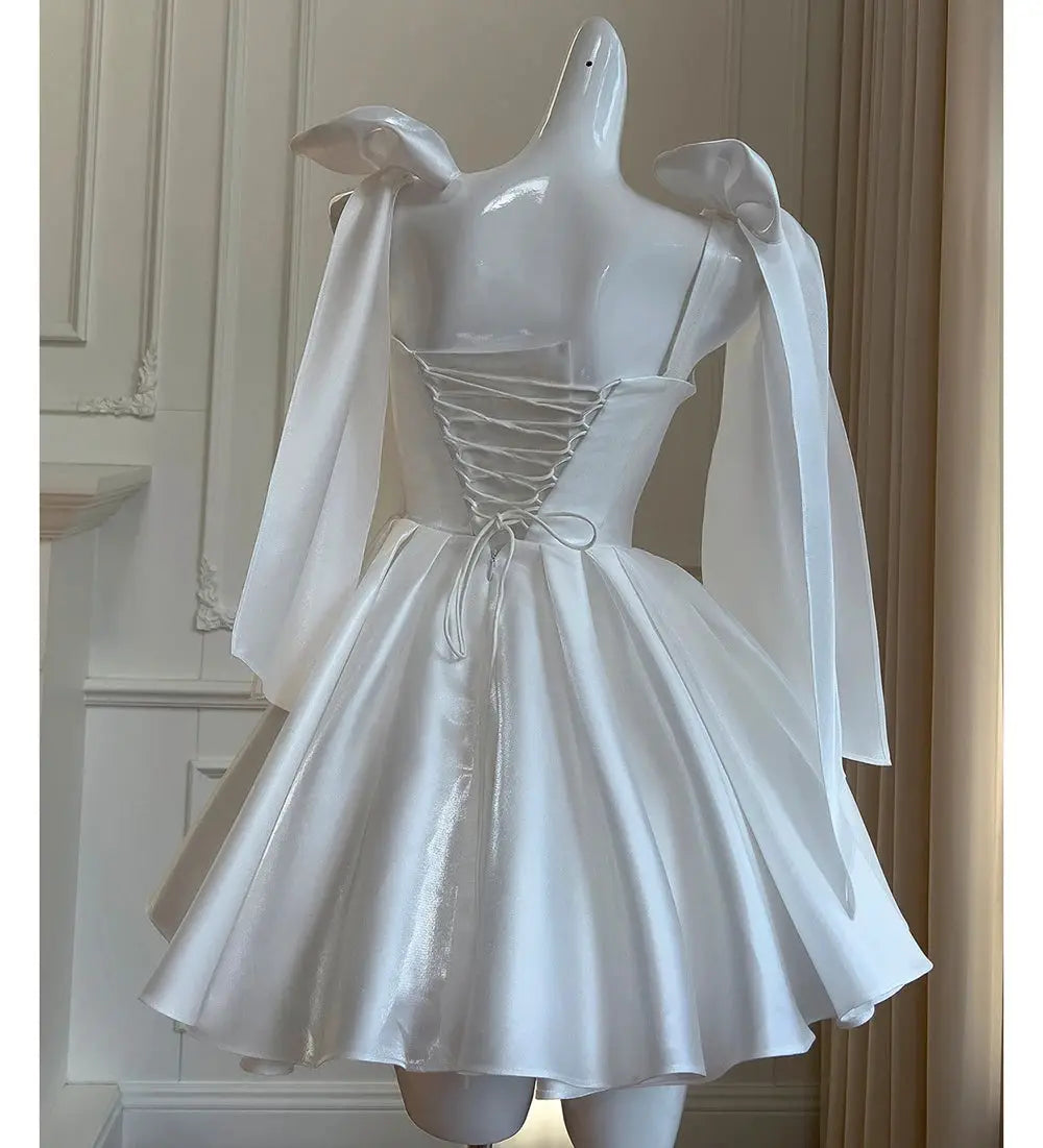 White Satin Bow A Line Knee Length Cocktail Dress Spaghetti Straps