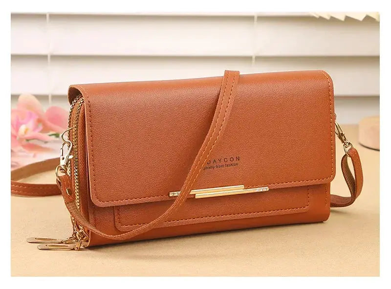 Women’s mid-size wallet bag by Simples Market — brown faux leather, coin pocket, convertible shoulder clutch