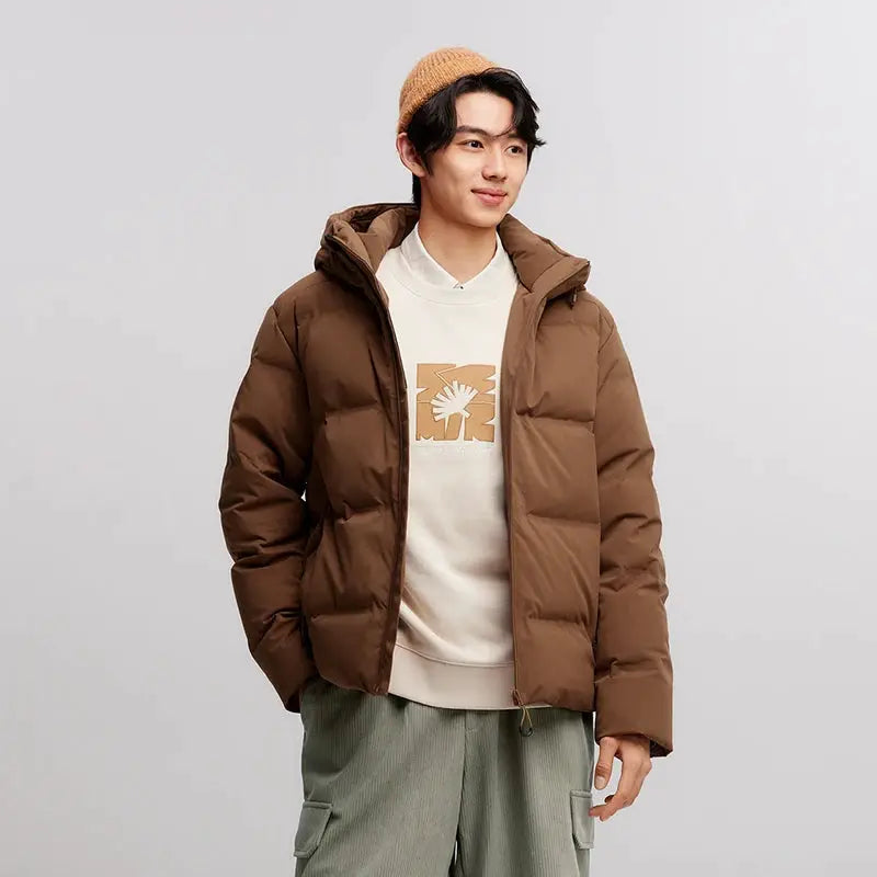 Semir men's brown textured quilted down jacket with hood, waterproof winter outerwear
