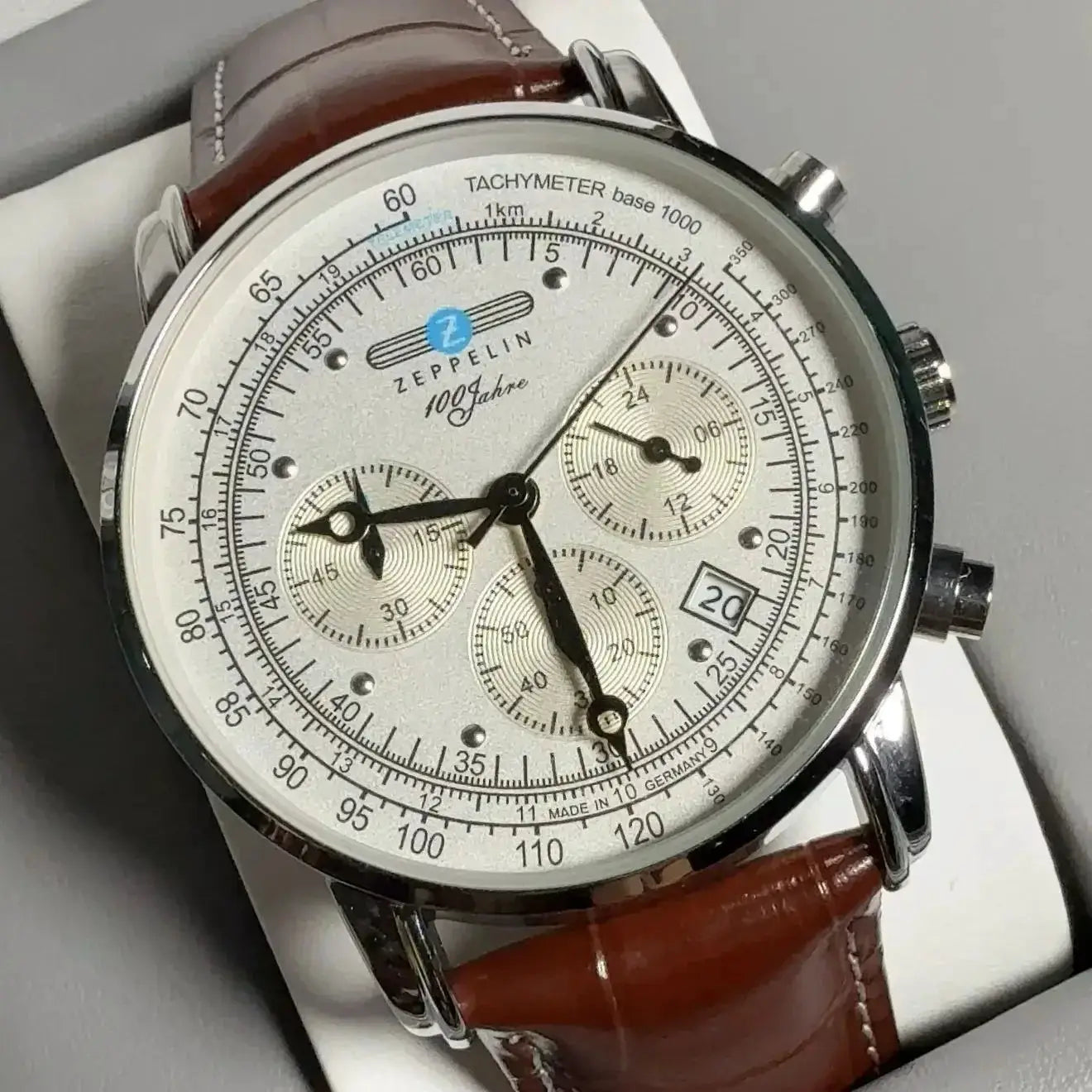Zeppelin Airship automatic men's watch with white dial, tachymeter, subdials, brown leather strap