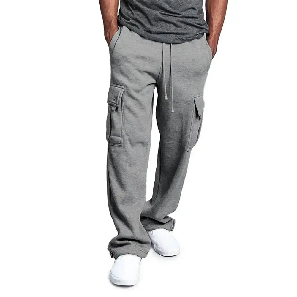 Men's grey cargo sweatpants with cargo pockets and drawstring waist