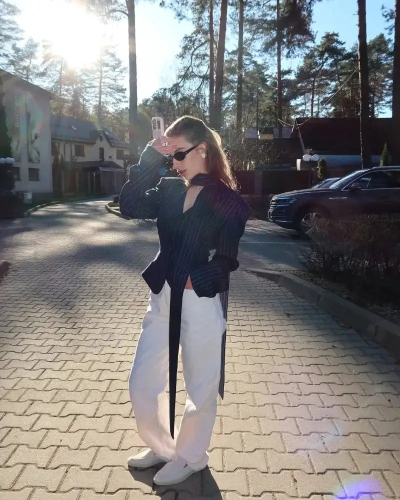 Trendix blazer 2-piece set by Simples Market in navy pinstripe with scarf detail and white wide-leg pants