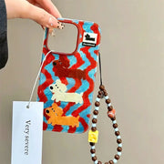 PawCart Cartoon Stripes Dog Chain Case For iPhone 16 15 14 13 12 11 Pro Max Mini Anti Fall TPU Soft Shell With Lanyard