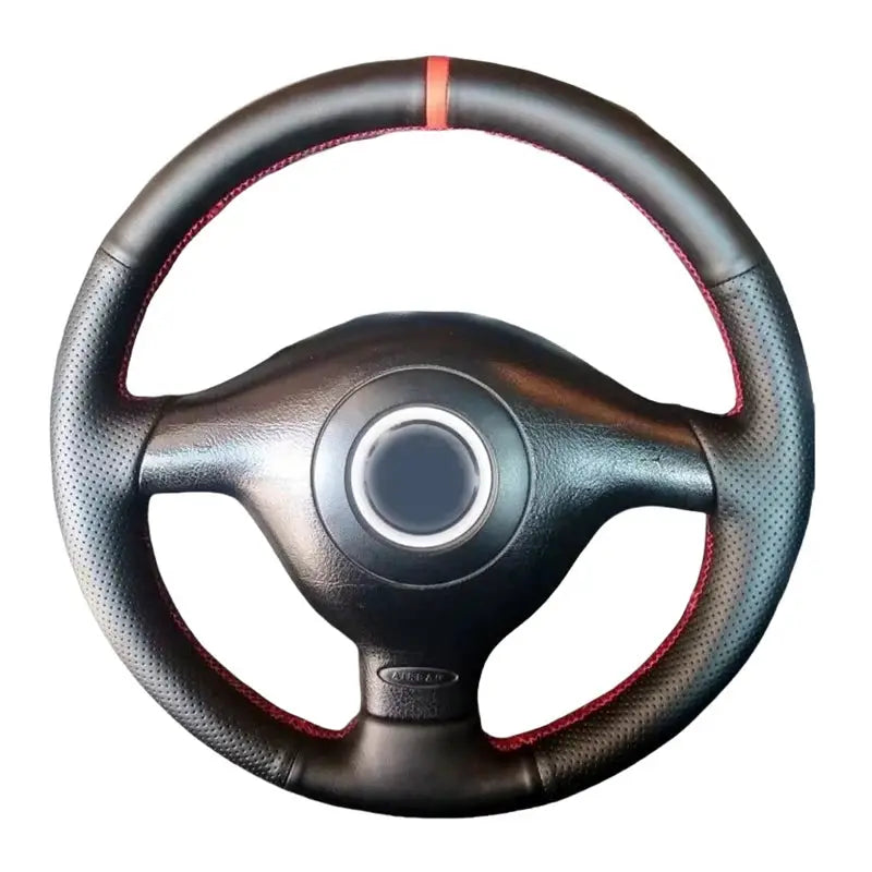 Non-slip black leather steering wheel cover with red stitching