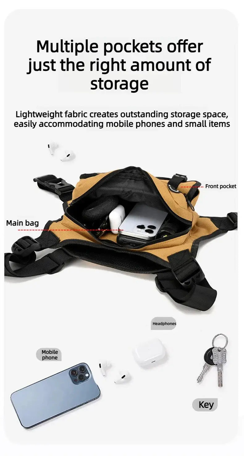 Simples Market Outdoor Tactical Chest Bag for Men in tan with black straps; main pocket open for phone and small items