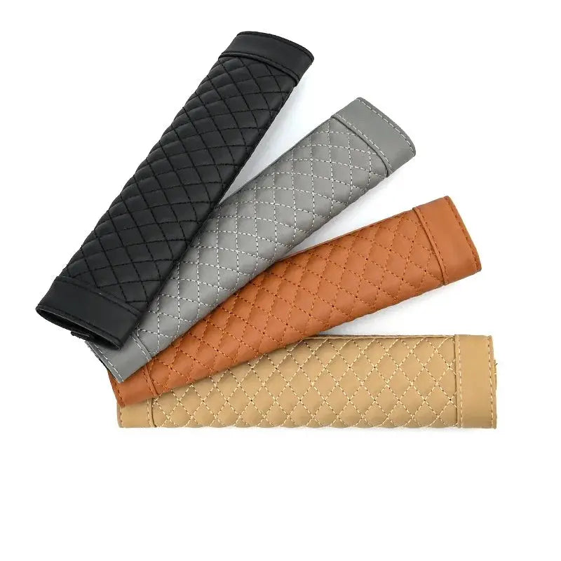 Car seat belt shoulder cover set in black, gray, brown and beige quilted leather by Simples Market
