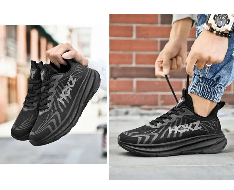 Men's classic cushion running shoes by Simples Market, black breathable mesh.