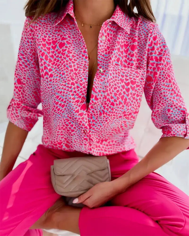 Women’s pink patterned long-sleeve blouse with front pocket, slim-fit office shirt