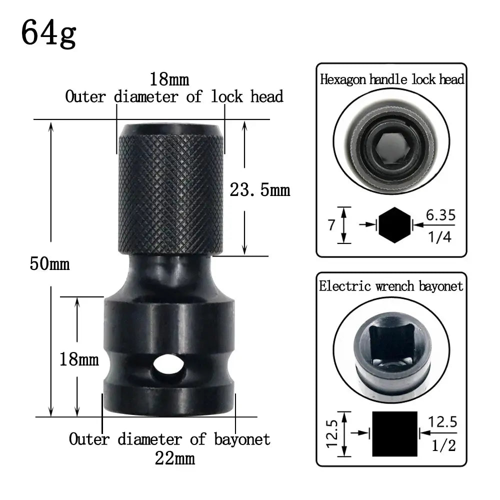 Half Inch Square Drive To Quarter Inch Hex Shank Telescopic Conversion Head For Electric Wrench Socket Tool