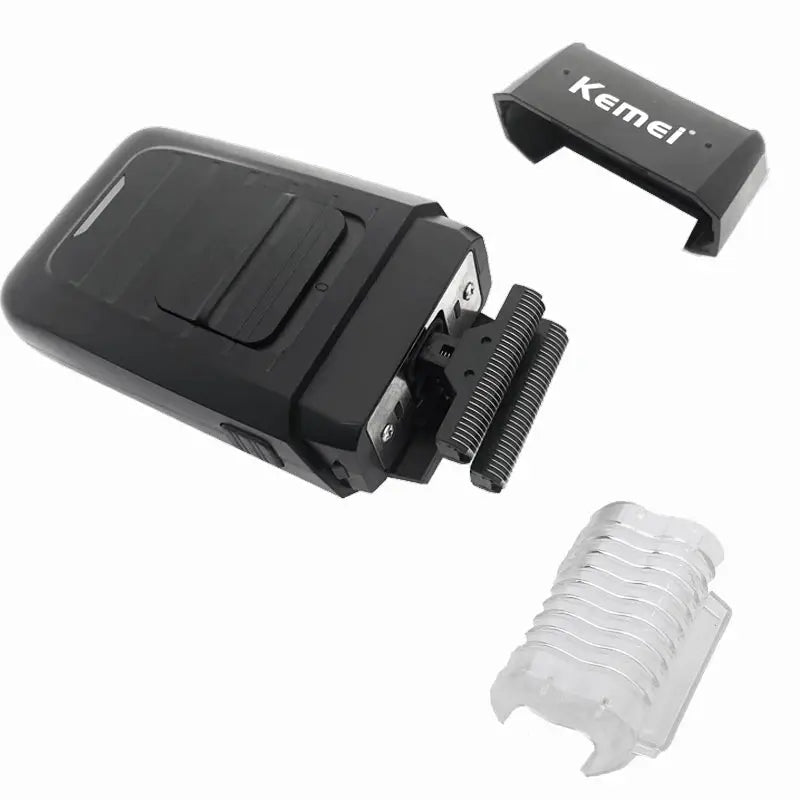 Kemei professional hair clipper kit in black with blade guards and white comb attachments