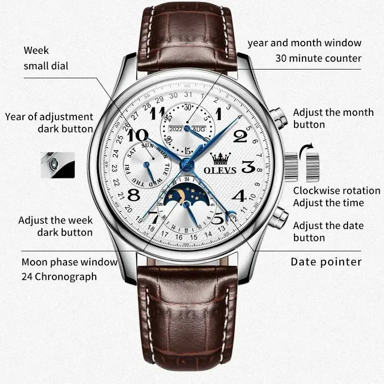 OLEVS men's luxury automatic watch with brown leather strap, silver case, white dial with moonphase and chronograph.