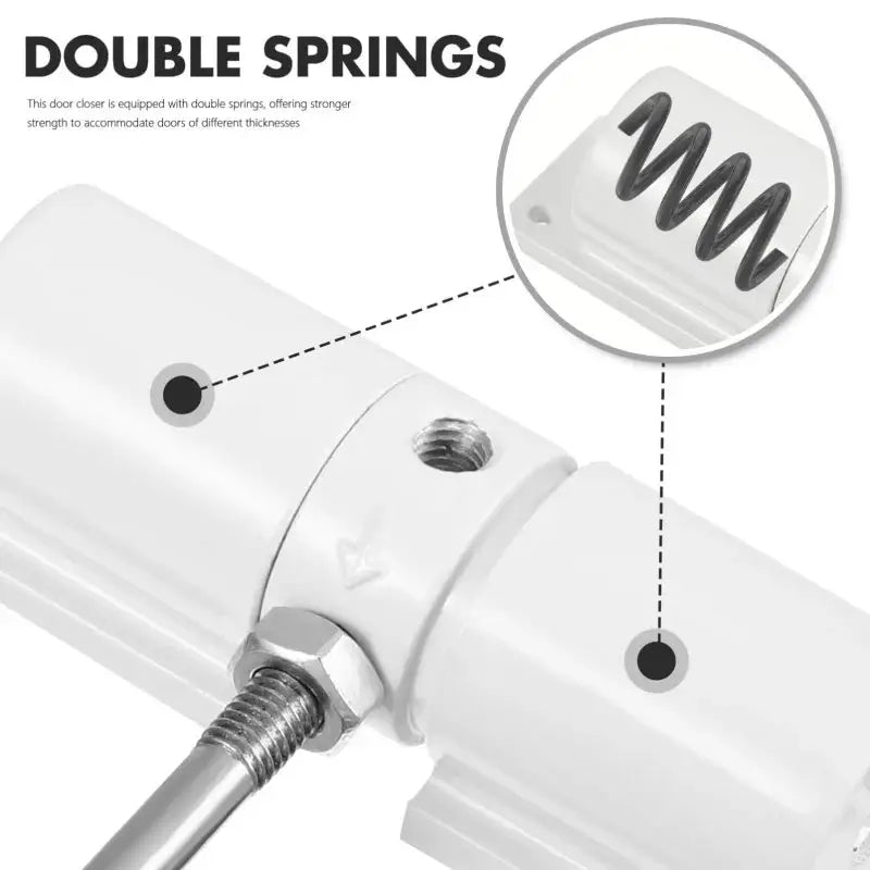 White door closer with double springs and adjustable tension for self-closing hinged doors