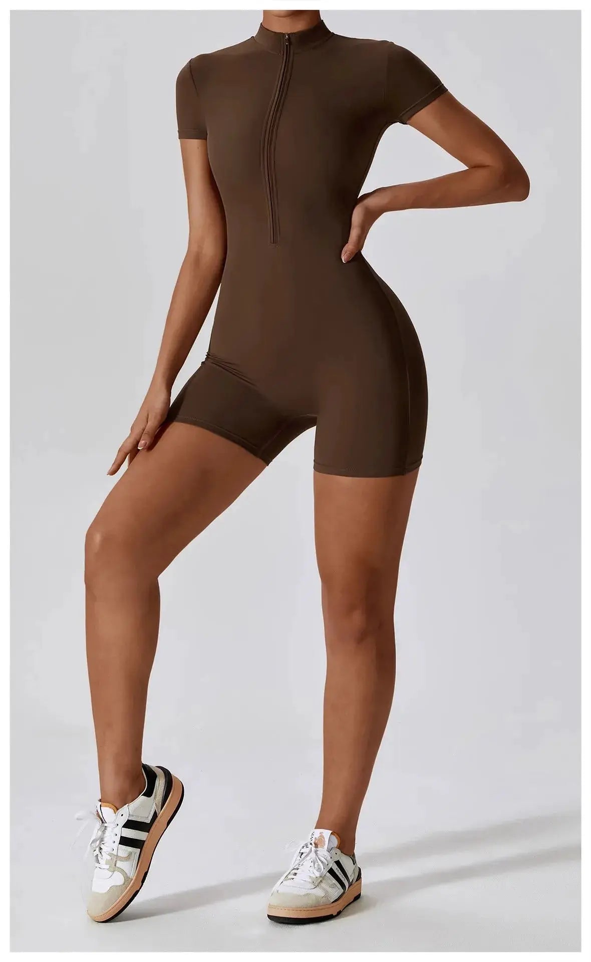 Women's brown zipper short-sleeve yoga jumpsuit, quick-dry breathable tight fitness onesie for gym and running
