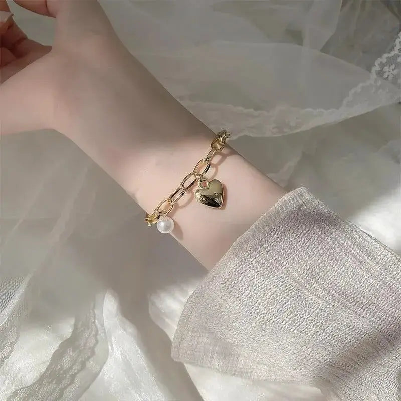 Gold Color Bracelet For Women Simple Style Thick Cross Chain With Love Human Head Cross Pearl Pendant
