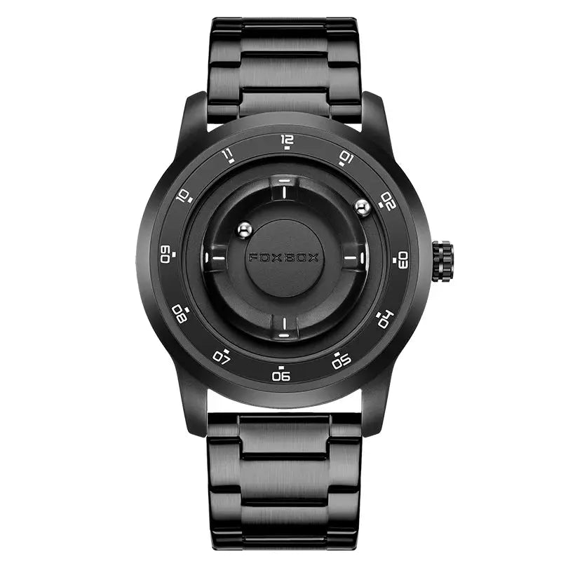 FOXBOX men's black stainless steel wristwatch with round dial and center logo, metal bracelet