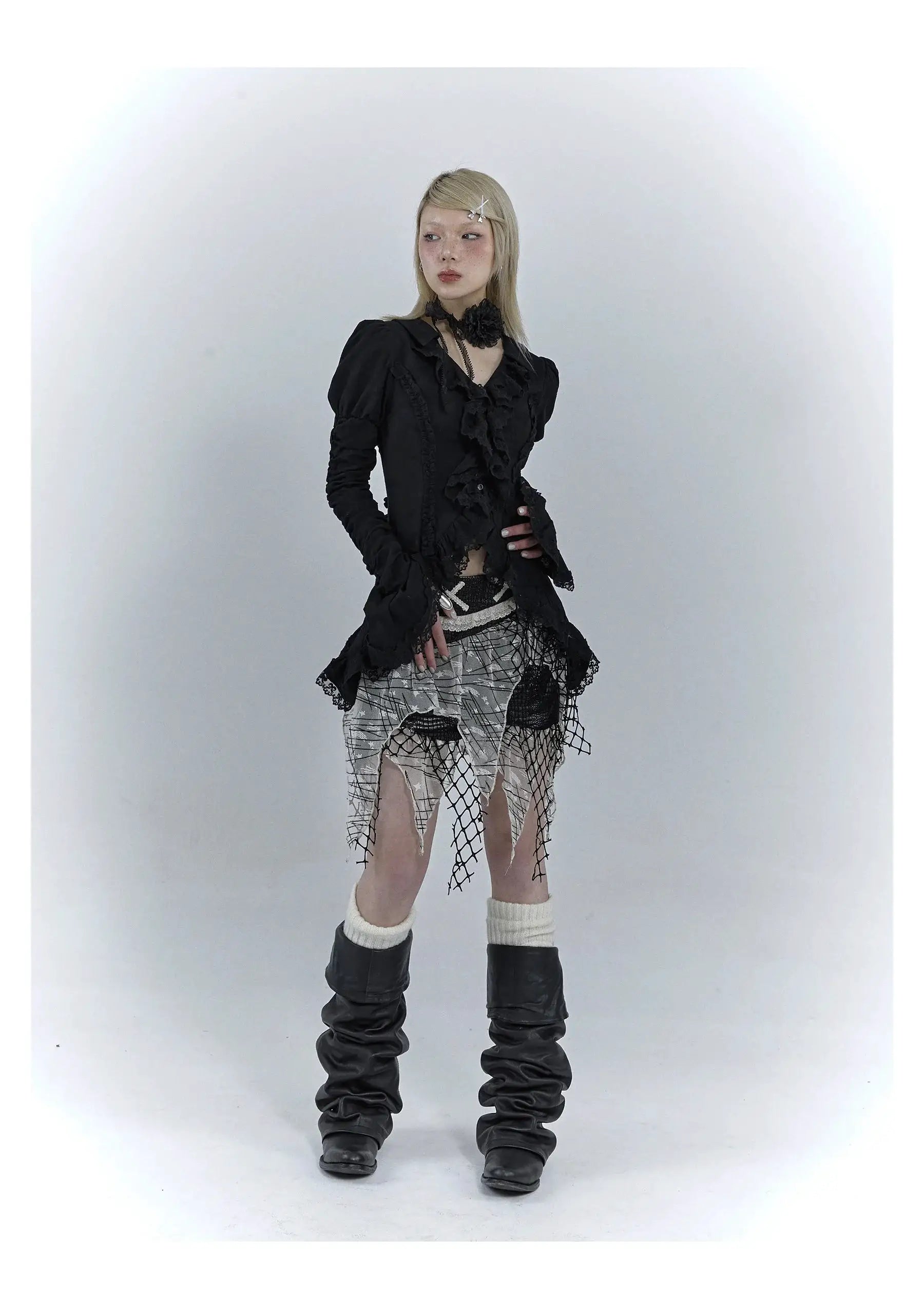 Karrcat gothic black lace shirt with V-neck, ruffles and flare sleeves, paired with mesh skirt.