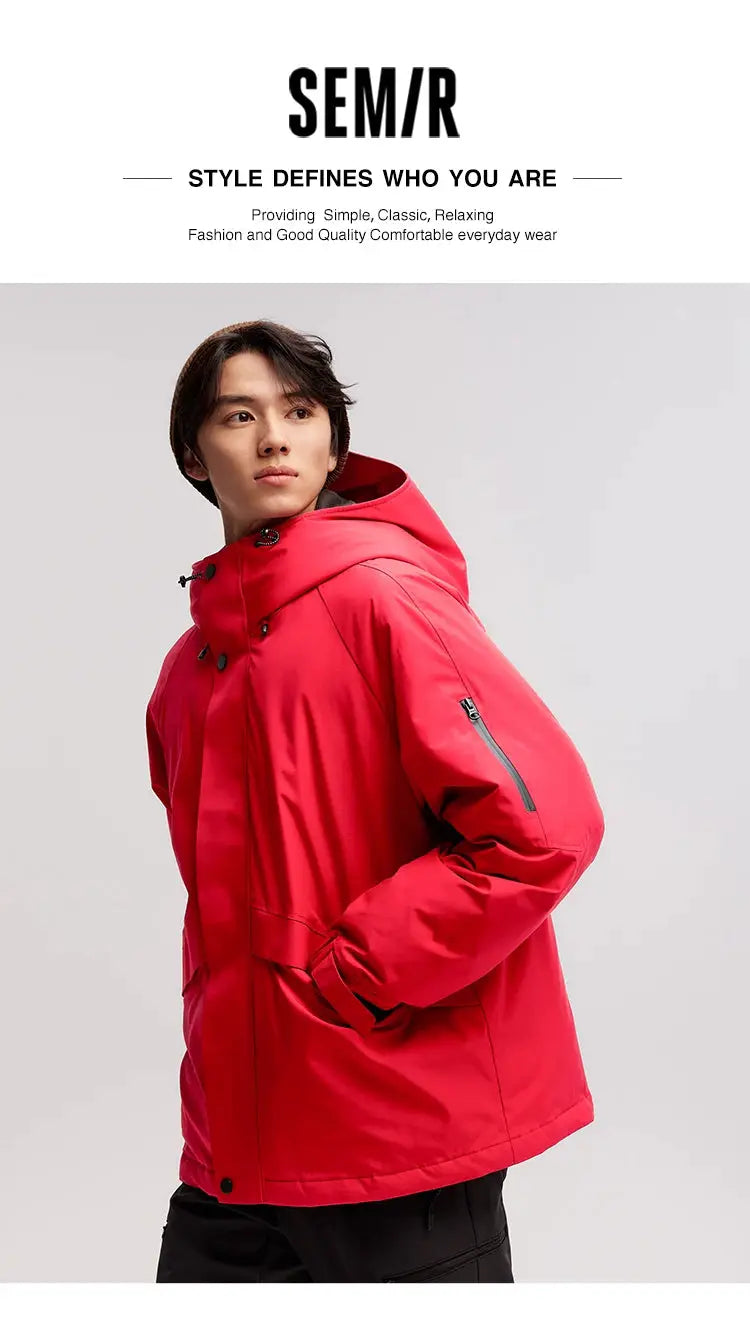 Semir men's red mid-length down jacket with hood, rainproof and windproof, Simples Market