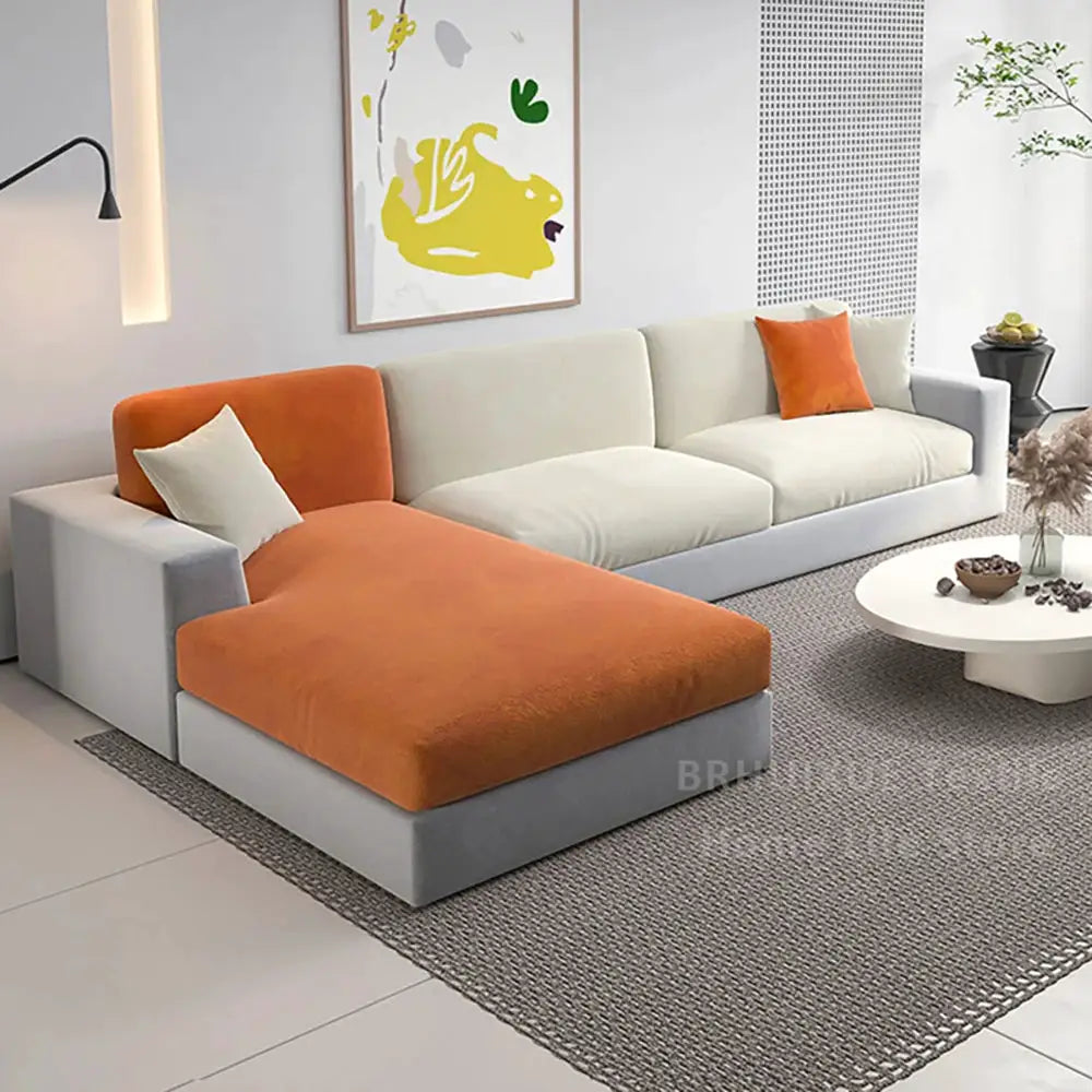 Simples Market velvet sofa seat cushion cover for L-shaped sectional with orange velvet chaise and beige cushions