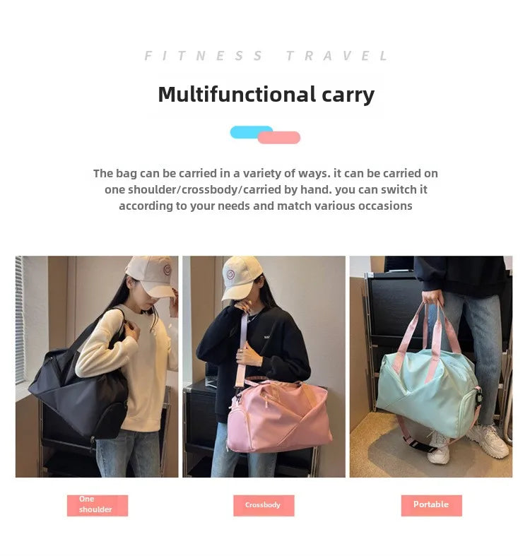 Multifunctional carry bag in black, pink, and light blue; versatile shoulder, crossbody and handheld carry options.