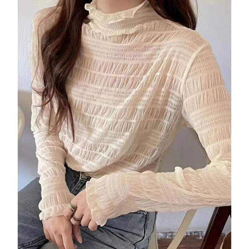 LaceLuxe Women Floral Lace Shirt Mock Neck With Mesh Bottoming Layer For Spring And Autumn Flattering Sheer Look