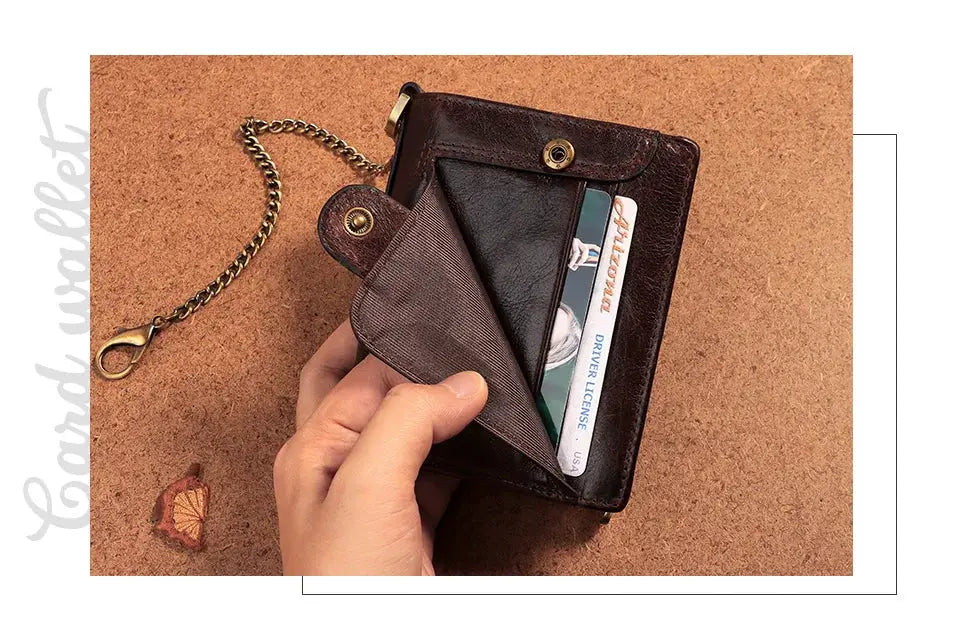 Real leather Simples Market men's wallet with RFID blocking, short bifold, zipper coin pocket and anti-theft chain