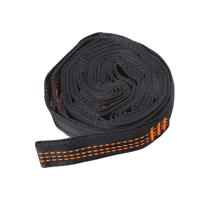Hammock strap set, 2-pack, black polyester with orange stitching, 600 lbs capacity.