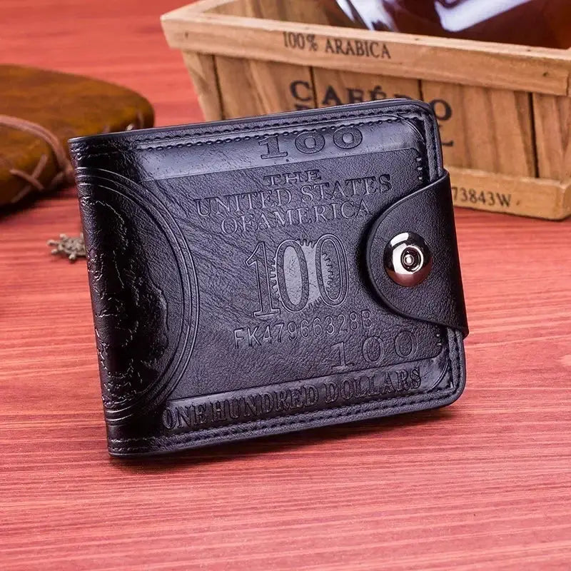 Simples Market men's genuine black leather bifold wallet with embossed $100 bill design and snap strap