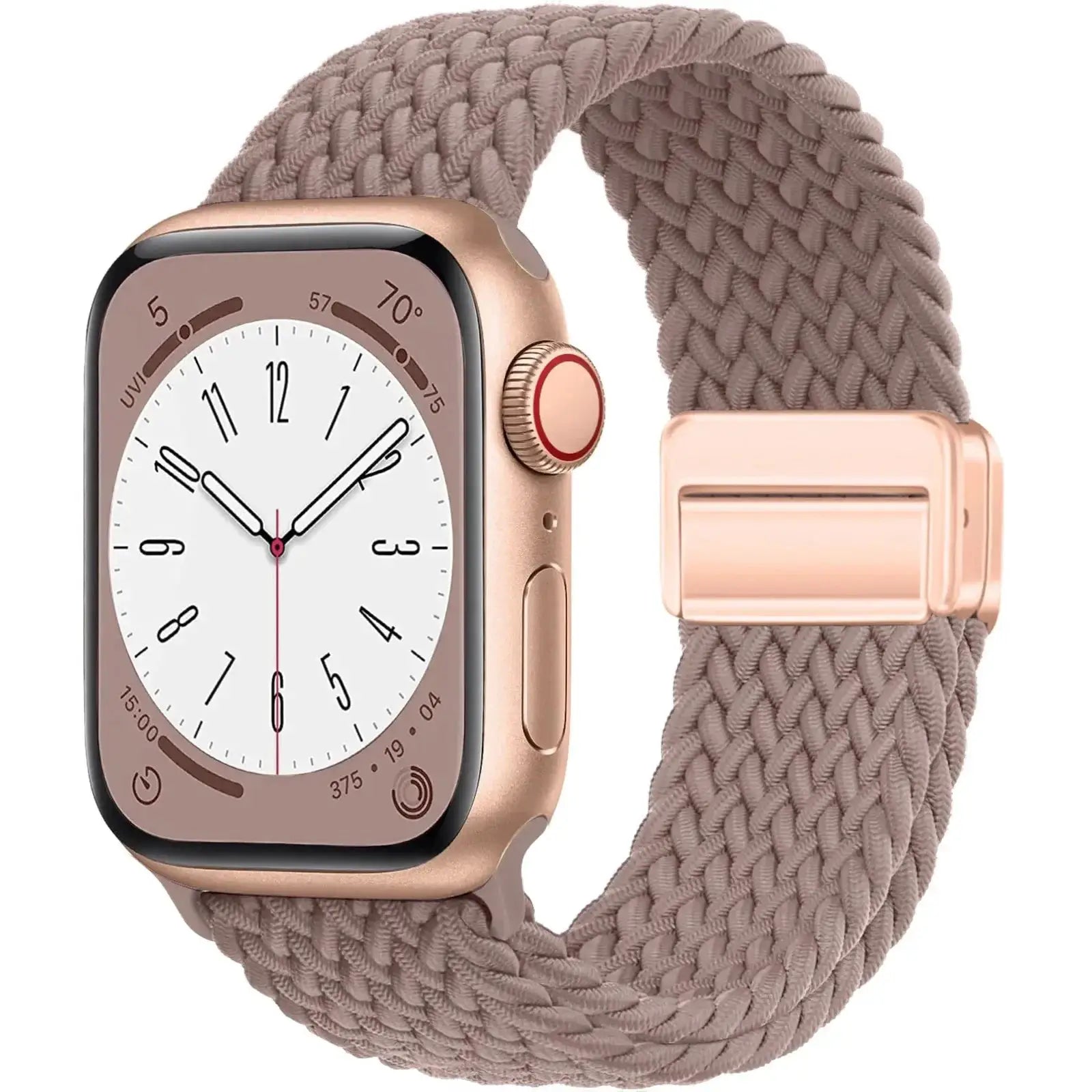 Braided Apple Watch band in taupe with rose-gold buckle for 38–49mm Apple Watch models.