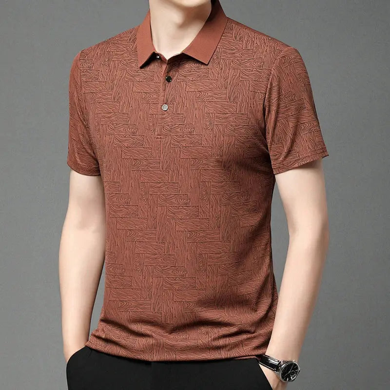 Men's polo shirt rust-brown with geometric print, short sleeves for casual business style