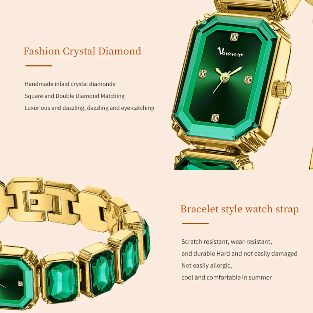 Women square watch with green crystal bezel and rose gold-tone bracelet, 2-piece set